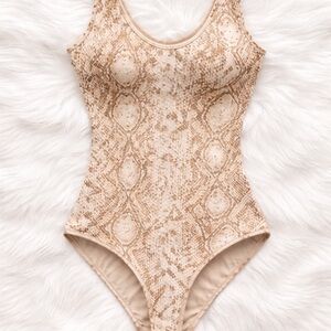 Beige Snake-Print One-Piece Swimsuit - Classic Scoop Neck